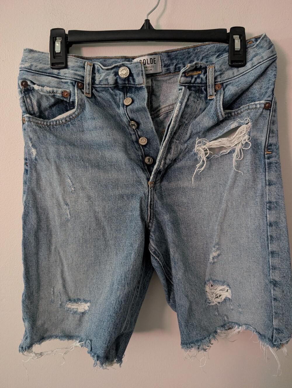 AGOLDE Distressed High Rise Denim Long Shorts Button Closure Size 25